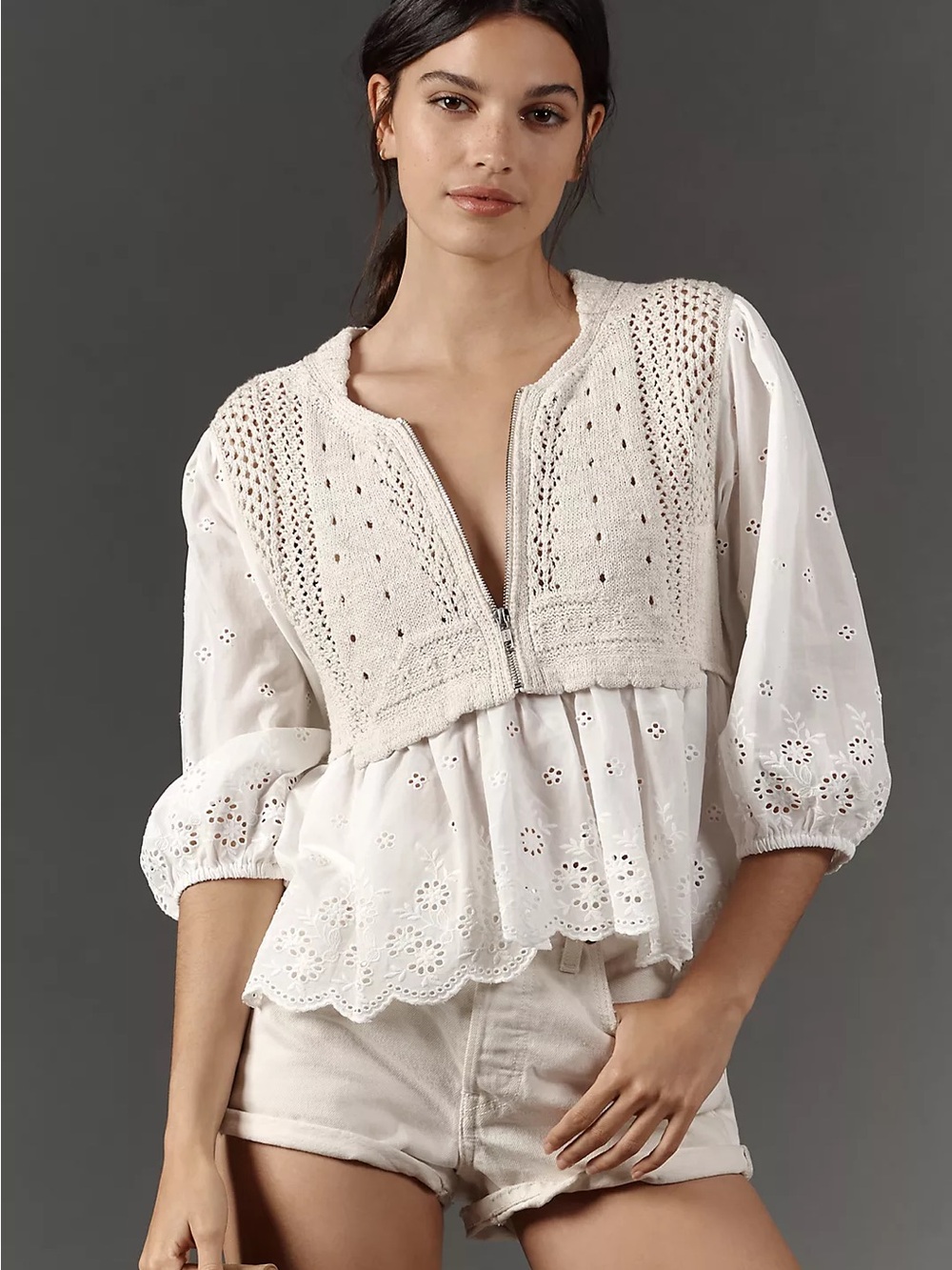 Anthropologie Half-Zip Sweater Vest Eyelet Knit Blouse Size Small Cottage Core - Picture 1 of 13